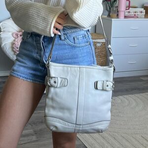 Coach Women's White Leather Shoulder Bag with Buckle Accents